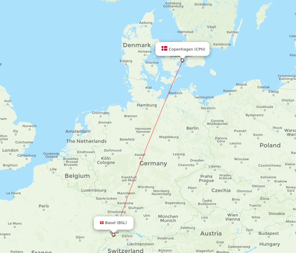 BSL to CPH flights and routes map