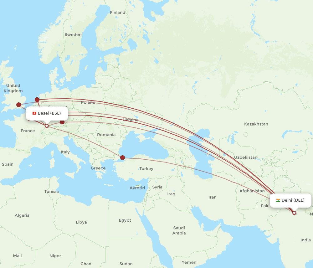 BSL-DEL flight routes