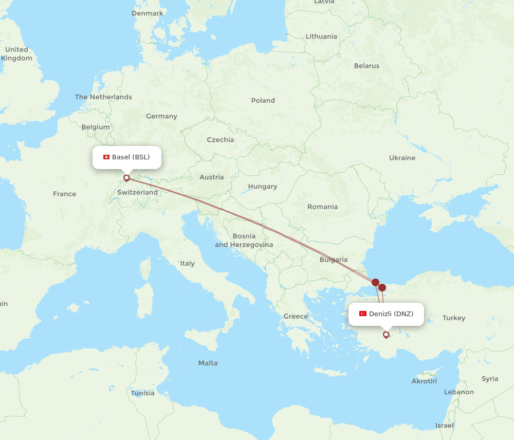 BSL to DNZ flights and routes map
