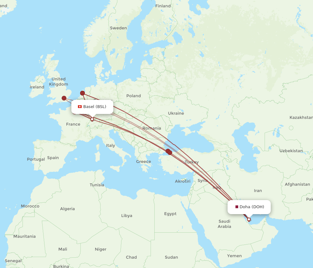 BSL to DOH flights and routes map