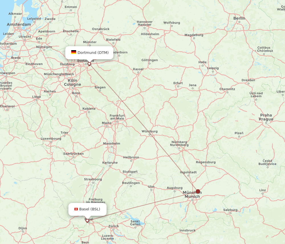 BSL to DTM flights and routes map