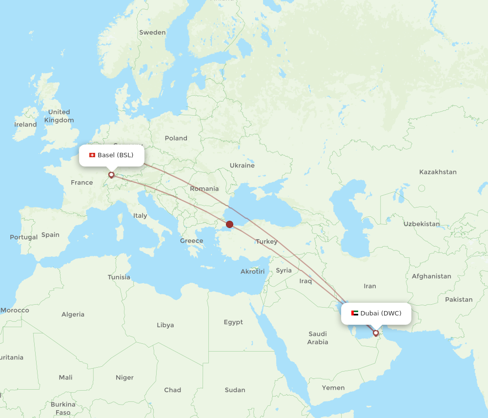BSL to DWC flights and routes map