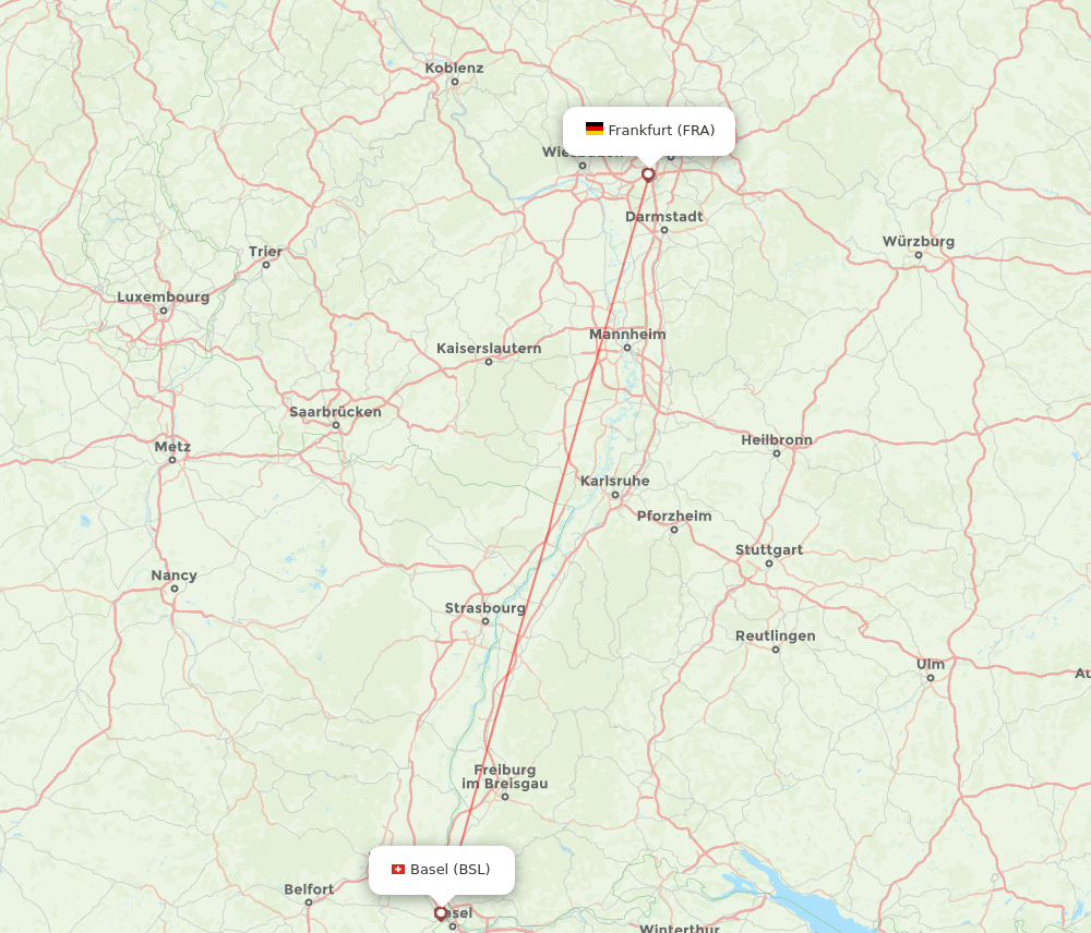 Basel, Switzerland/Mulhouse - Frankfurt route map and flight paths