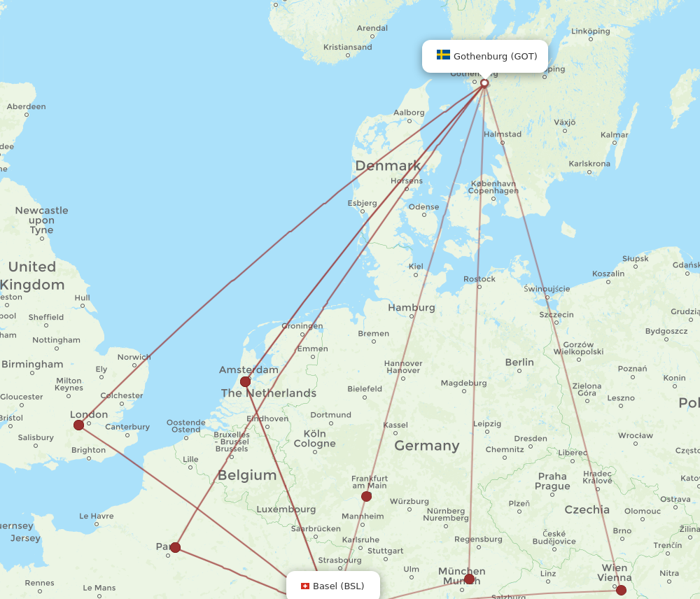BSL to GOT flights and routes map