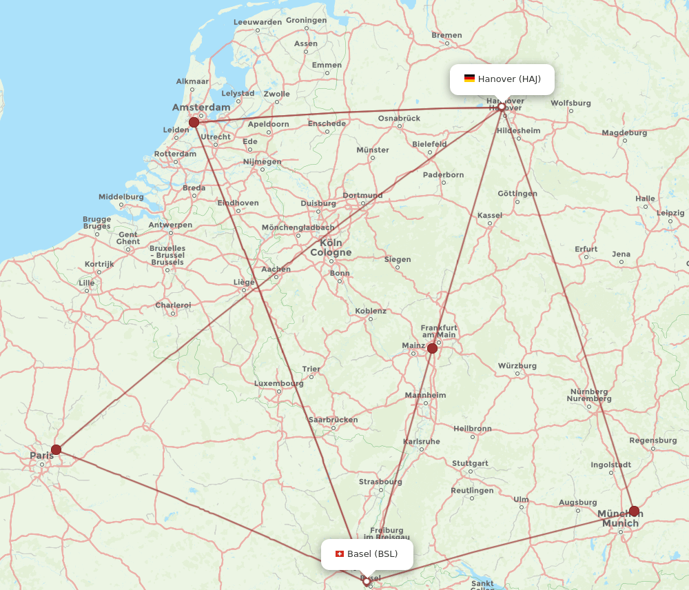 BSL to HAJ flights and routes map