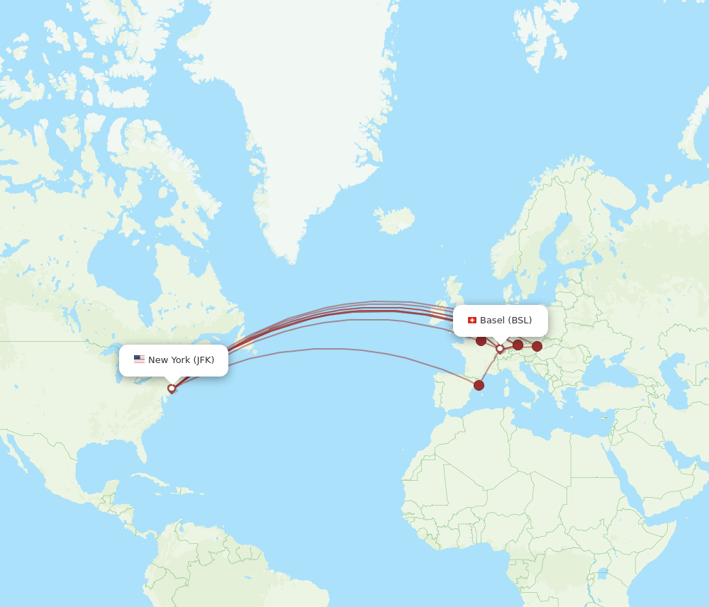 BSL to JFK flights and routes map