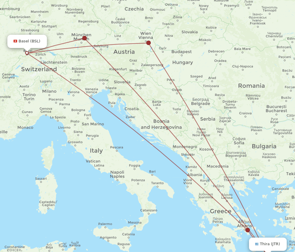 BSL-JTR flight routes