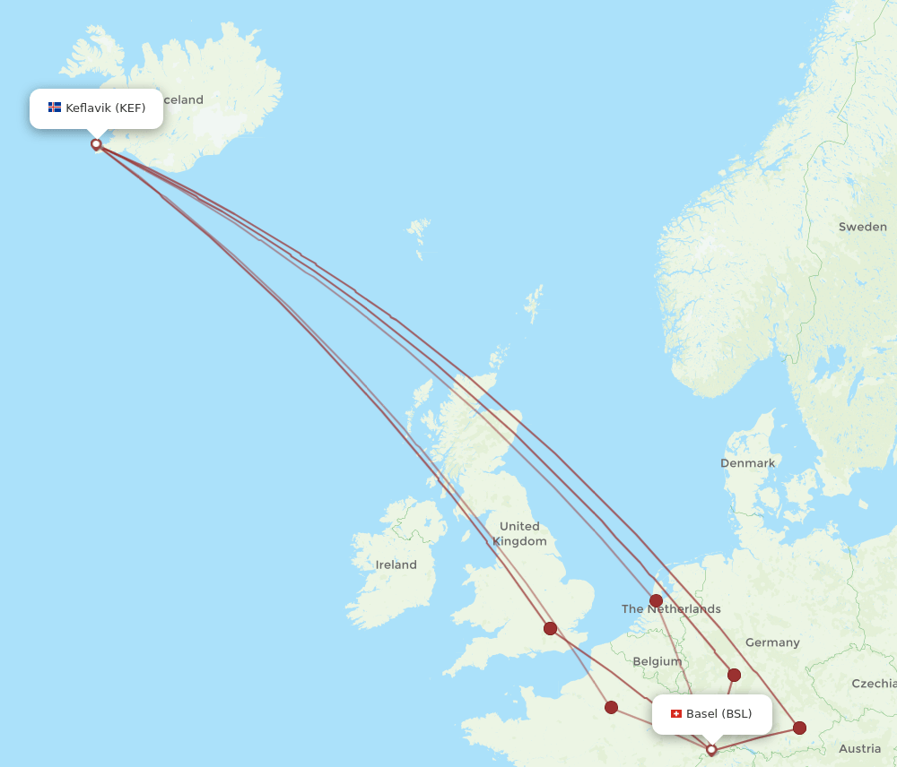 BSL to KEF flights and routes map