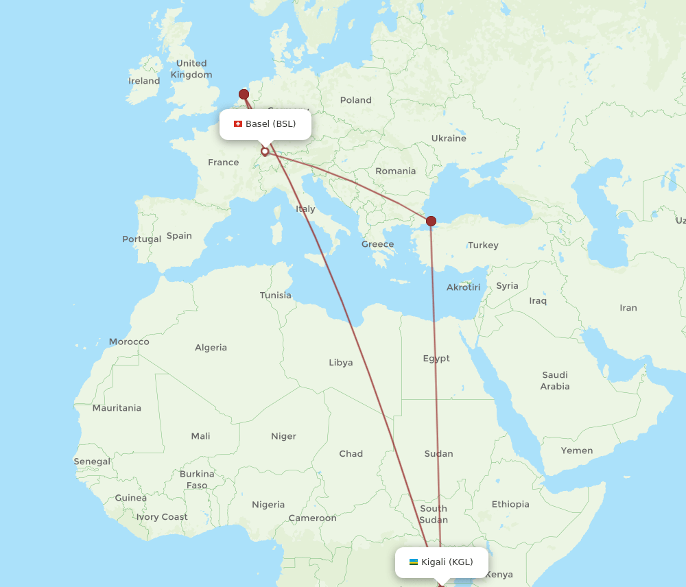 Kigali - Basel, Switzerland/Mulhouse route map and flight paths