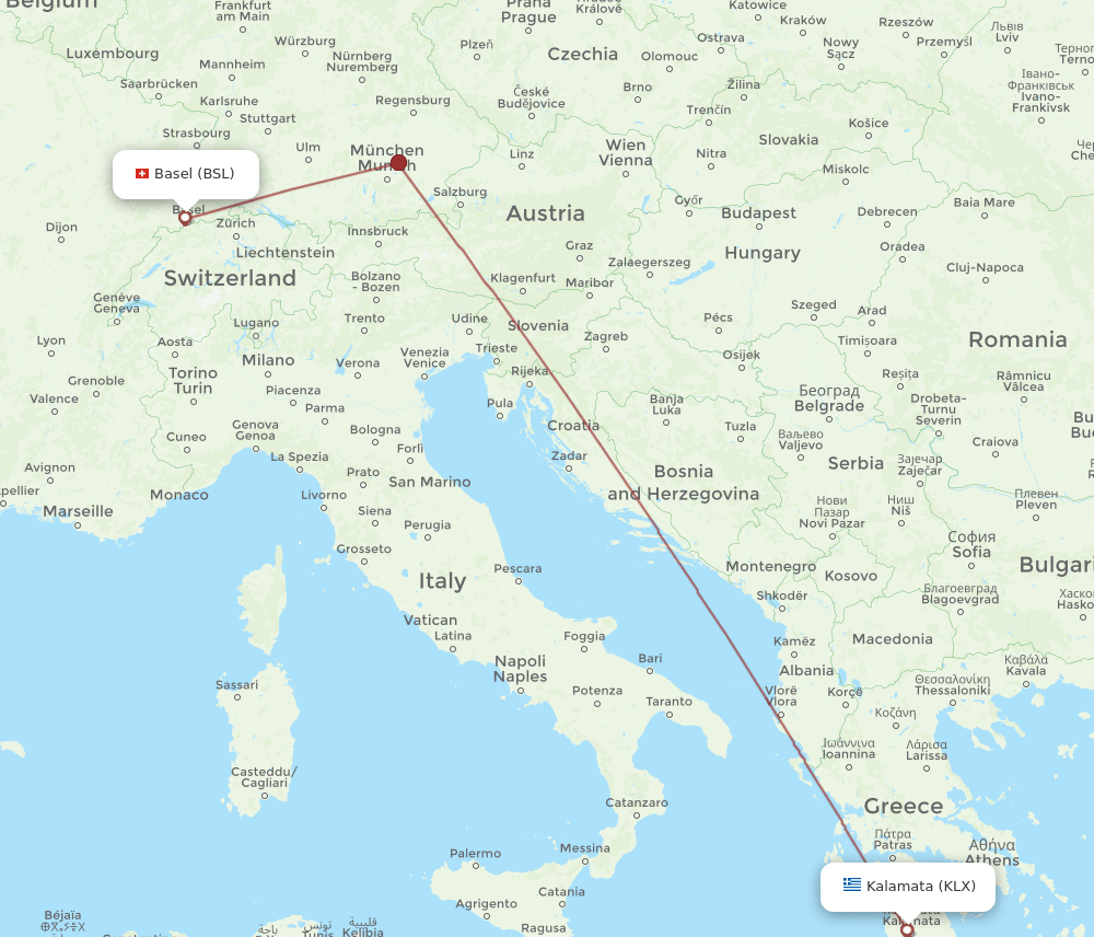 BSL to KLX flights and routes map