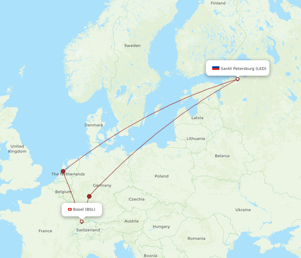 Basel, Switzerland/Mulhouse - Saint Petersburg route map and flight paths
