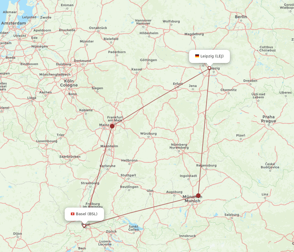 BSL to LEJ flights and routes map