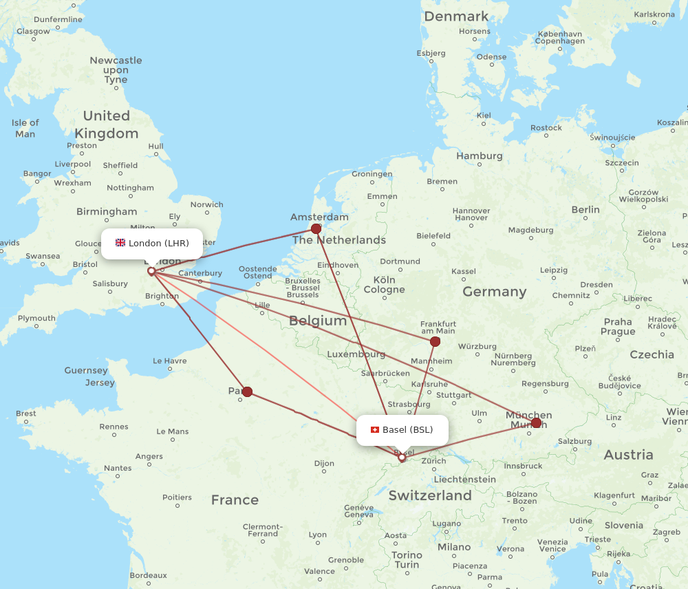 BSL to LHR flights and routes map