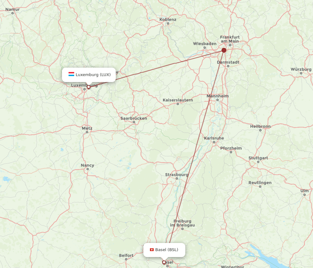 BSL to LUX flights and routes map