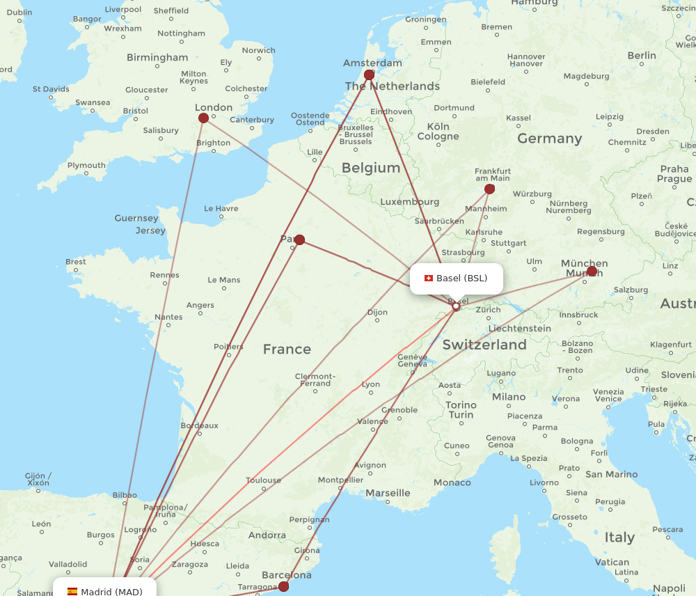 BSL to MAD flights and routes map