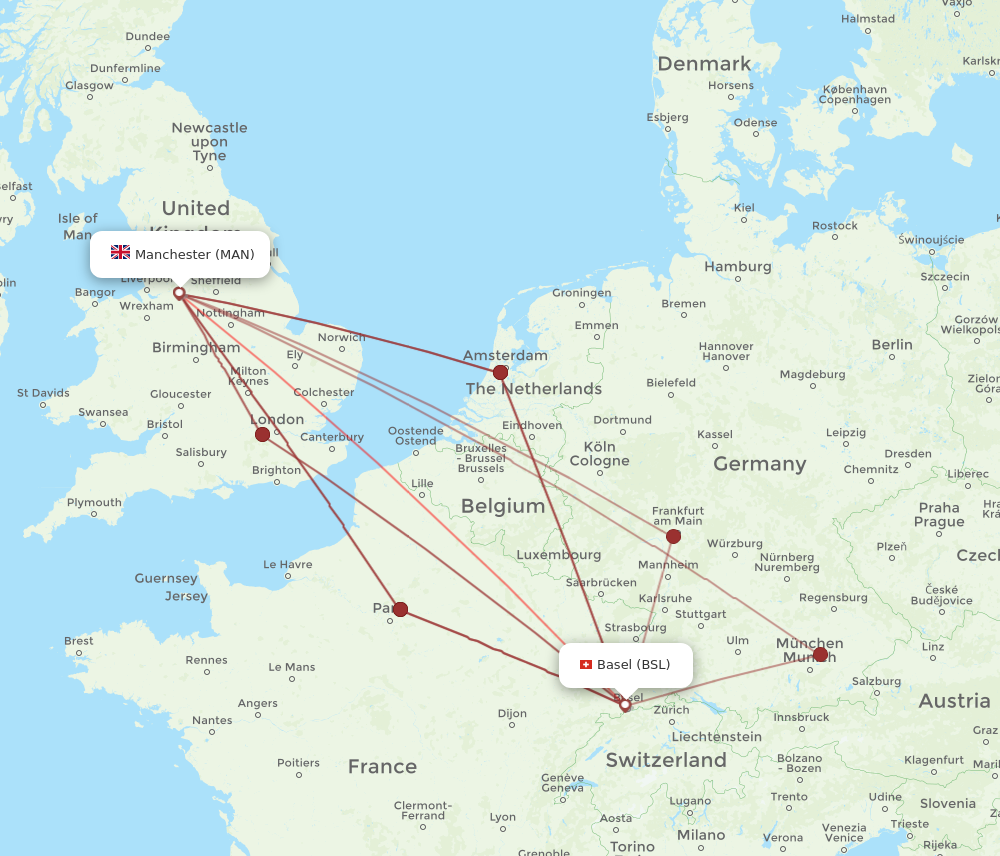 BSL to MAN flights and routes map