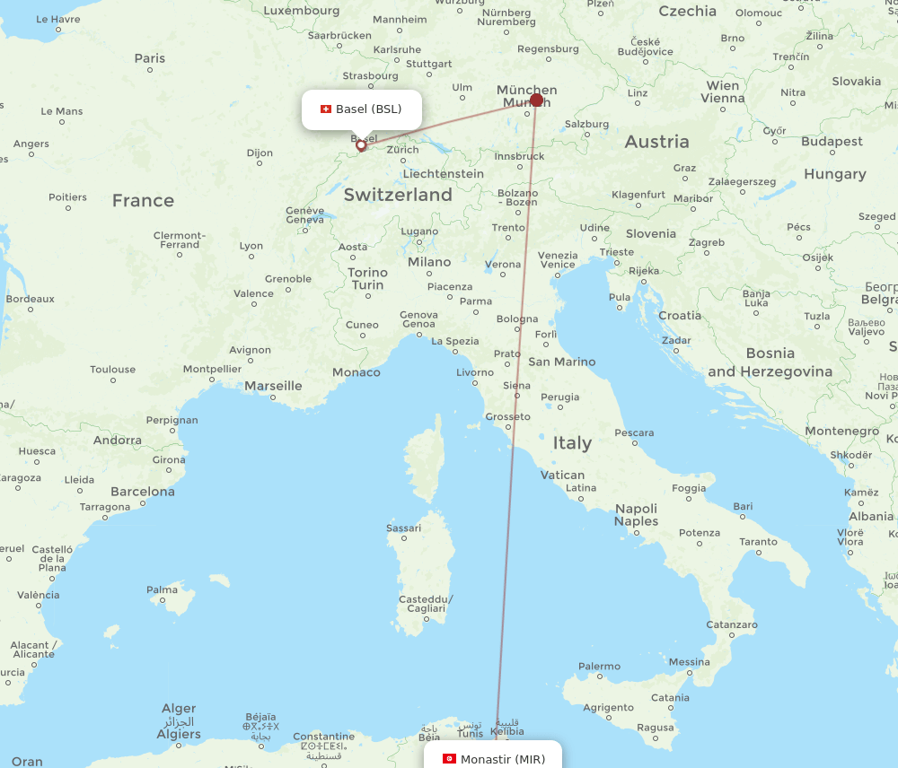 BSL to MIR flights and routes map