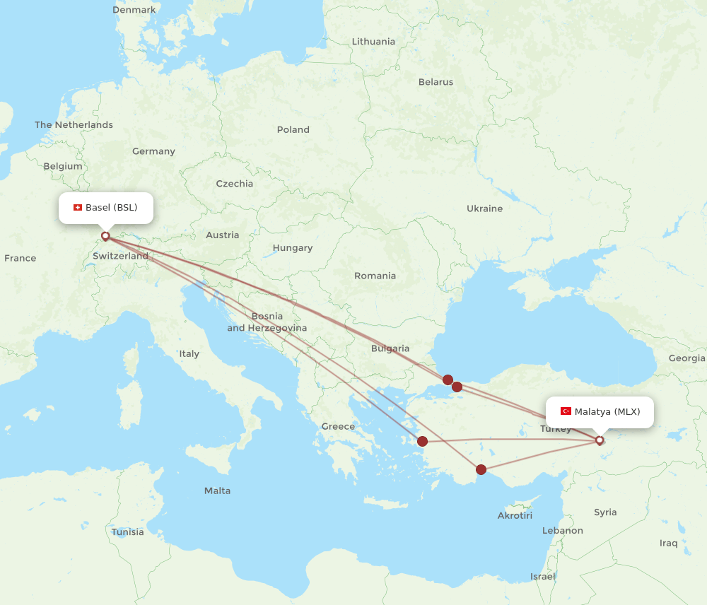 BSL to MLX flights and routes map