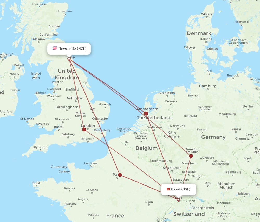 BSL to NCL flights and routes map