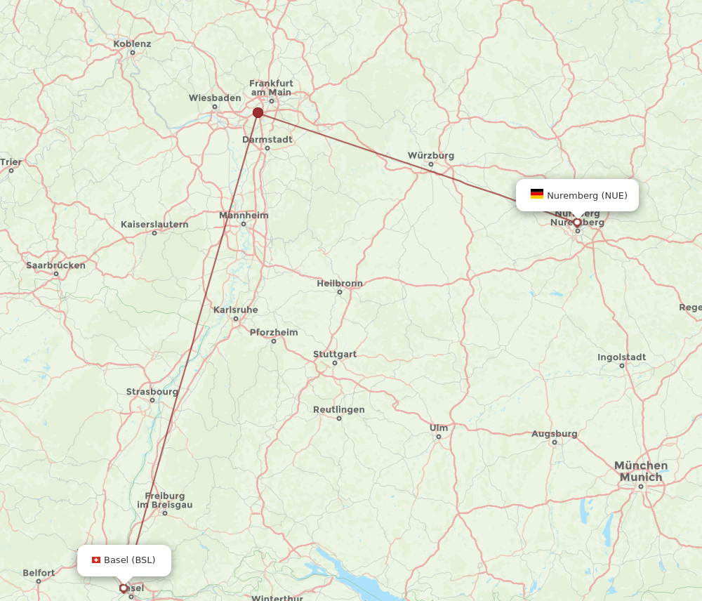 BSL to NUE flights and routes map