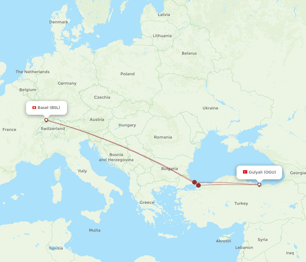 BSL to OGU flights and routes map