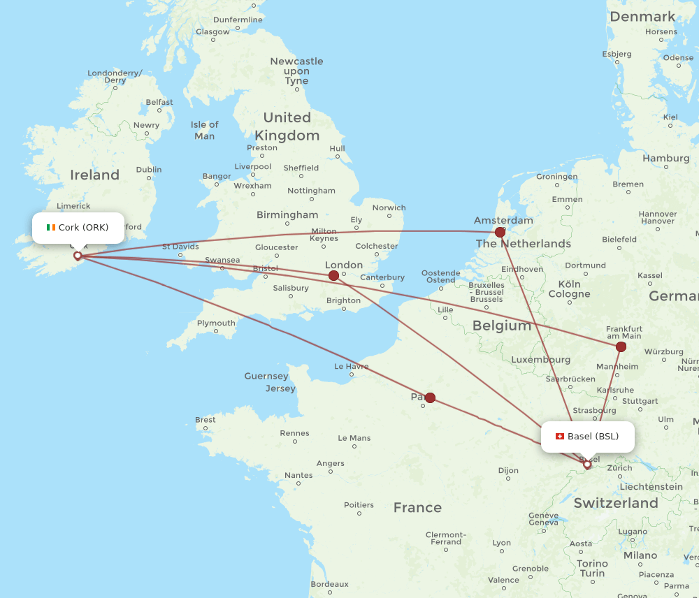BSL to ORK flights and routes map