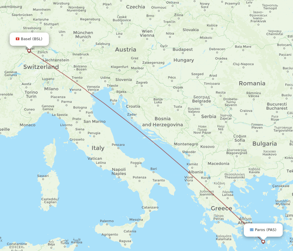 Basel, Switzerland/Mulhouse - Paros route map and flight paths