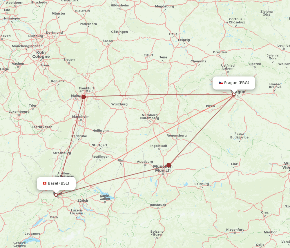 BSL to PRG flights and routes map