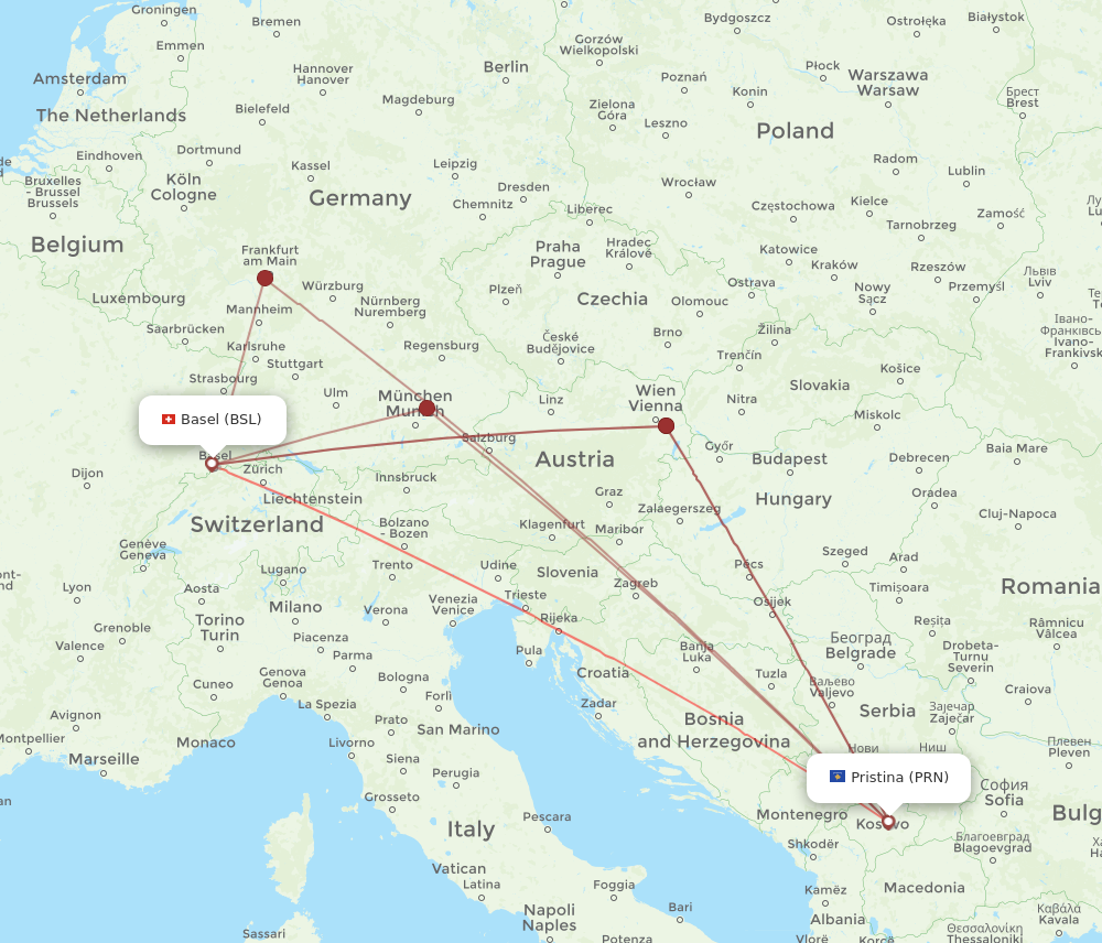 BSL to PRN flights and routes map
