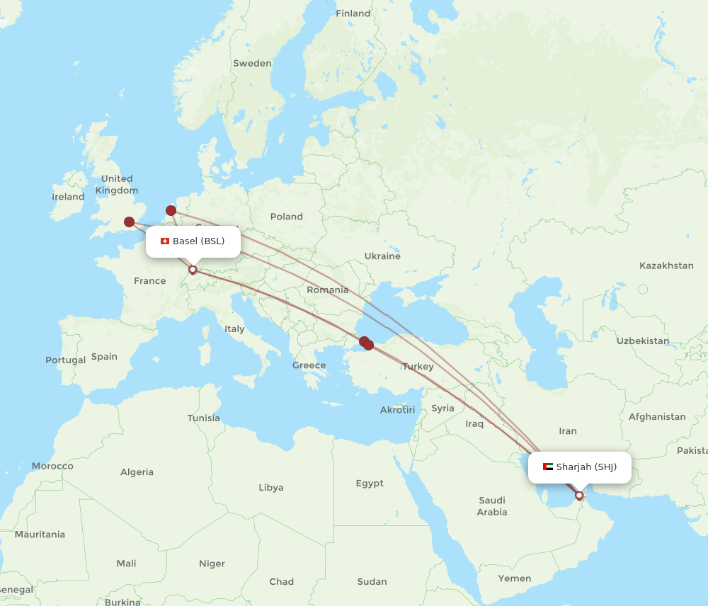 BSL to SHJ flights and routes map