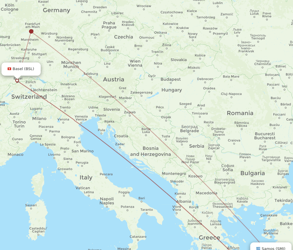 Samos - Basel, Switzerland/Mulhouse route map and flight paths