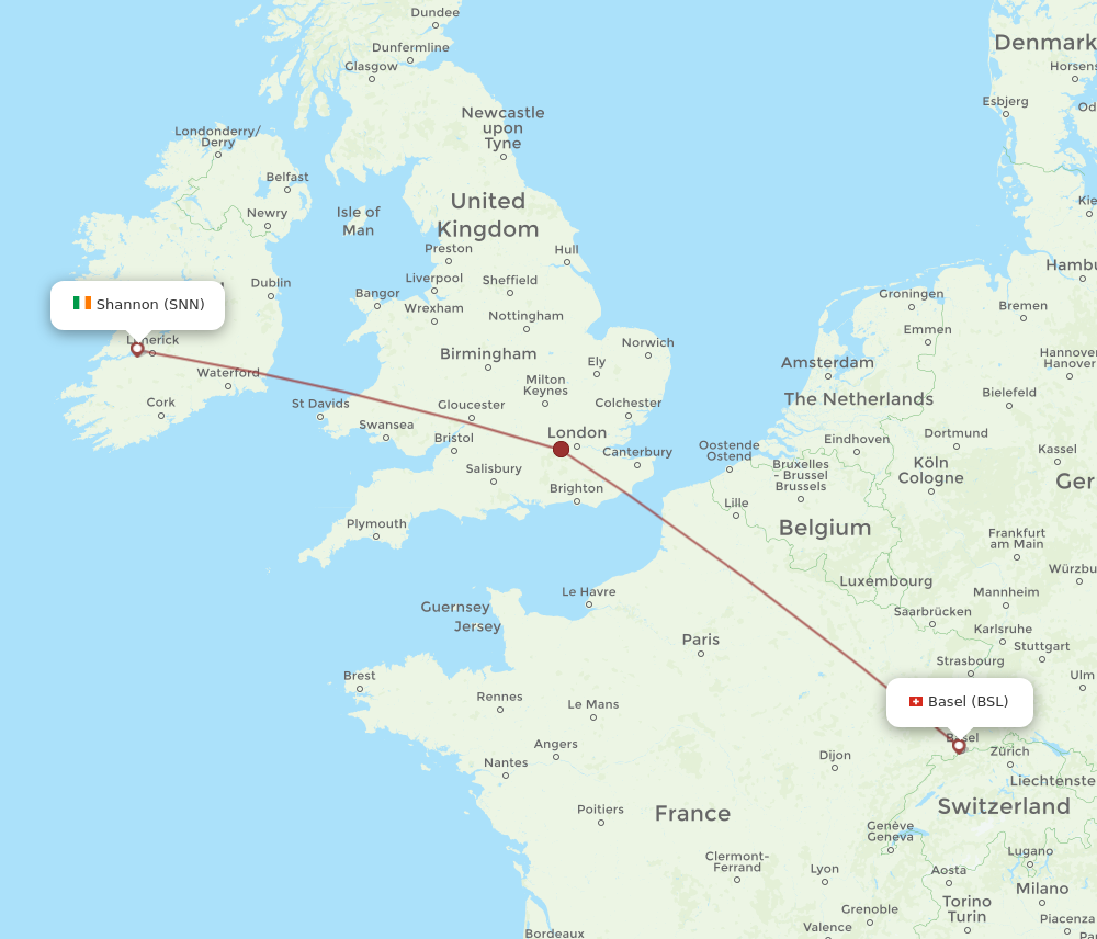 BSL to SNN flights and routes map