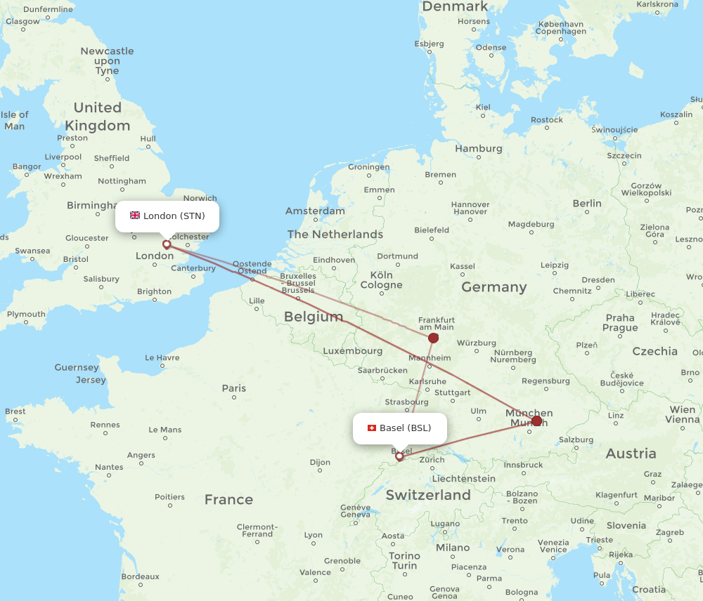 BSL to STN flights and routes map