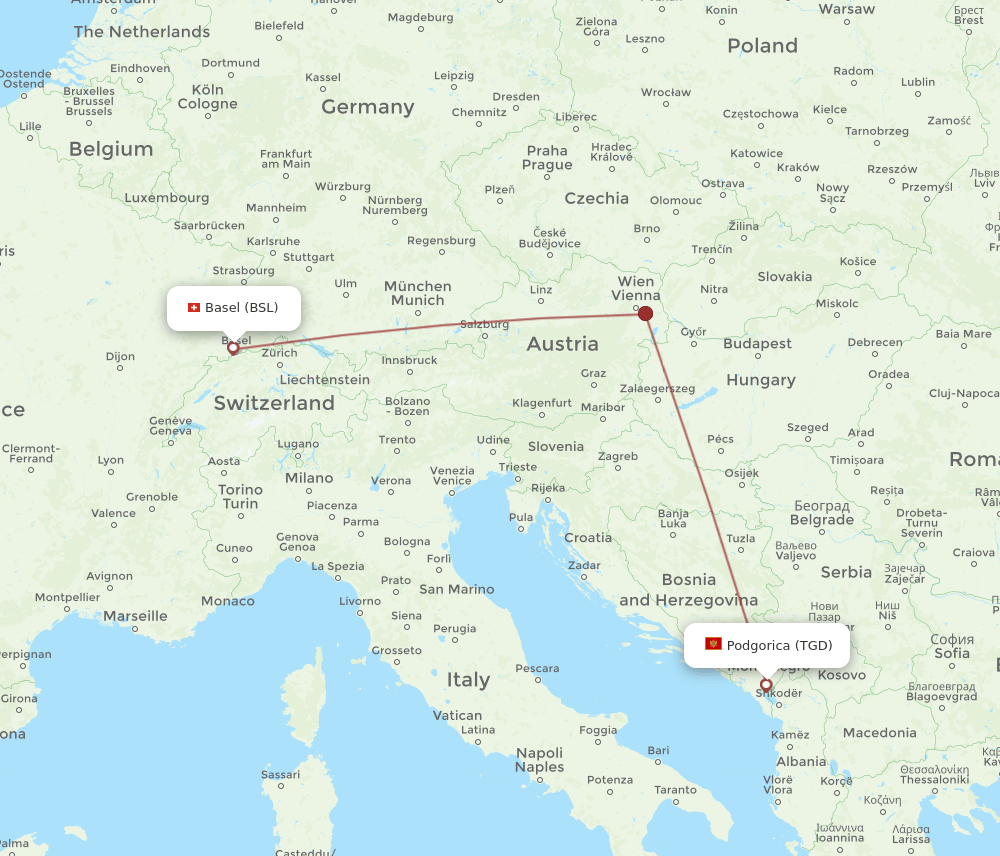 BSL-TGD flight routes