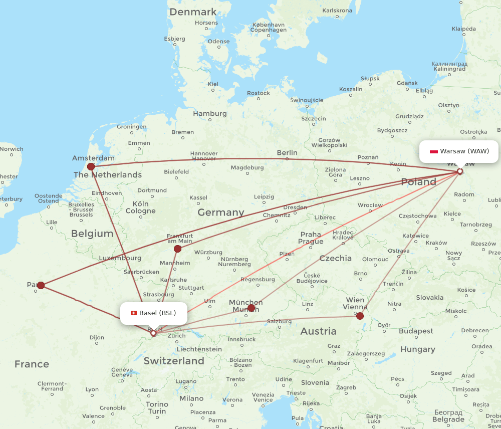 BSL-WAW flight routes