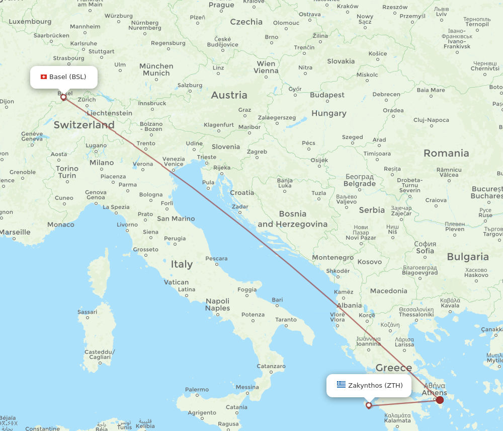 ZTH to BSL flights and routes map