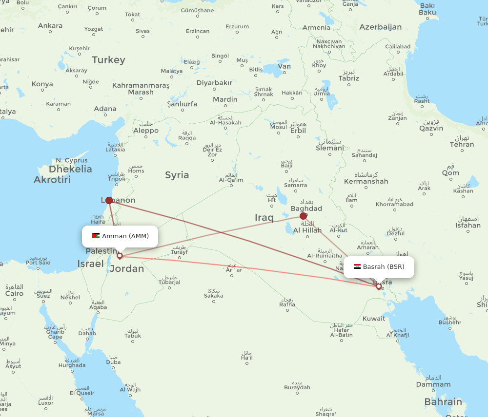 Basra - Amman route map and flight paths
