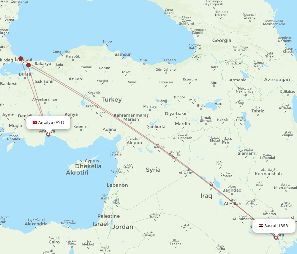 BSR to AYT flights and routes map