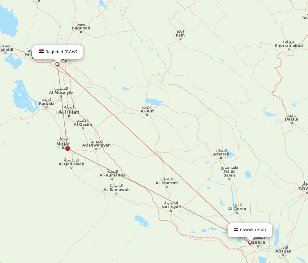 Basra - Baghdad route map and flight paths