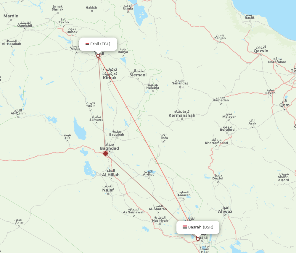 Basra - Erbil route map and flight paths