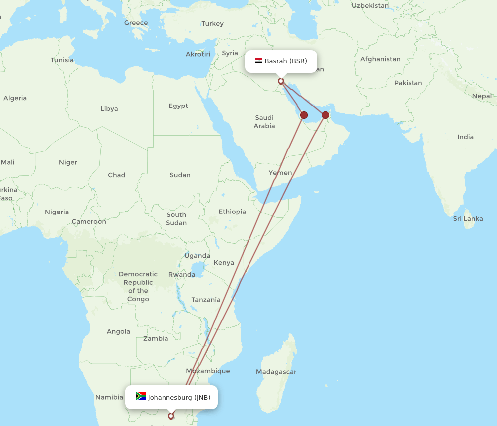 BSR to JNB flights and routes map
