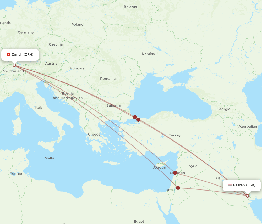 Zurich - Basra route map and flight paths