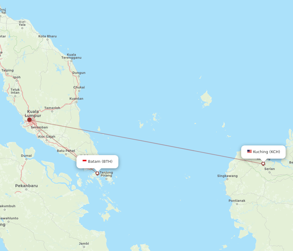 Kuching - Batam route map and flight paths