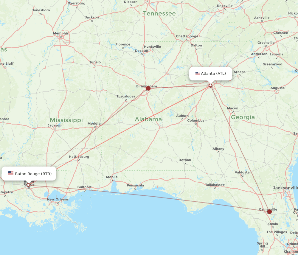 BTR to ATL flights and routes map
