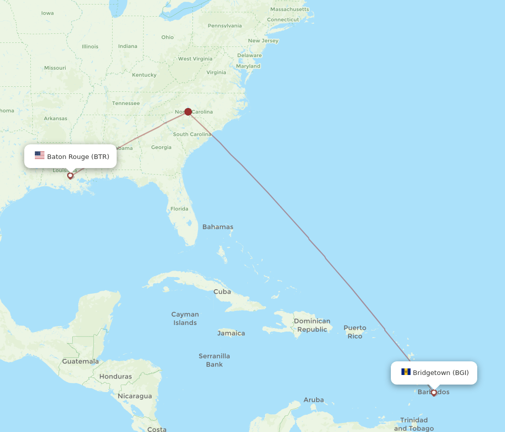 Bridgetown - Baton Rouge route map and flight paths