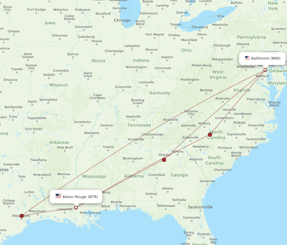 BTR to BWI flights and routes map
