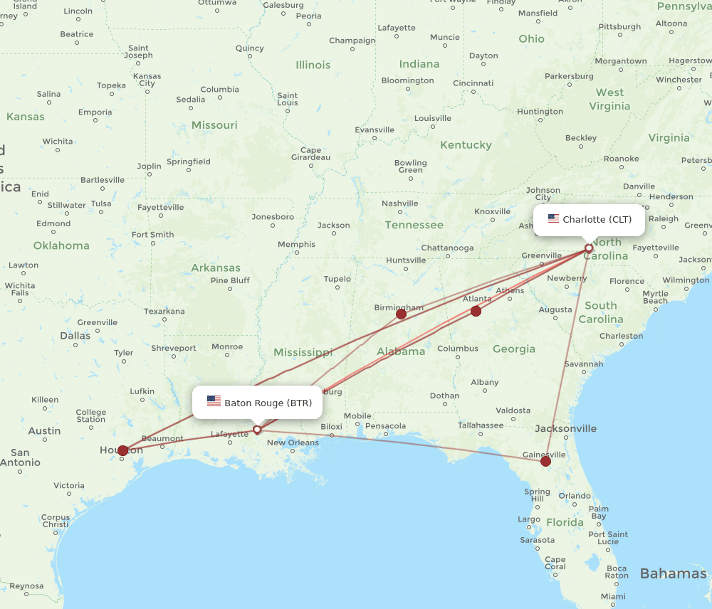 BTR-CLT flight routes