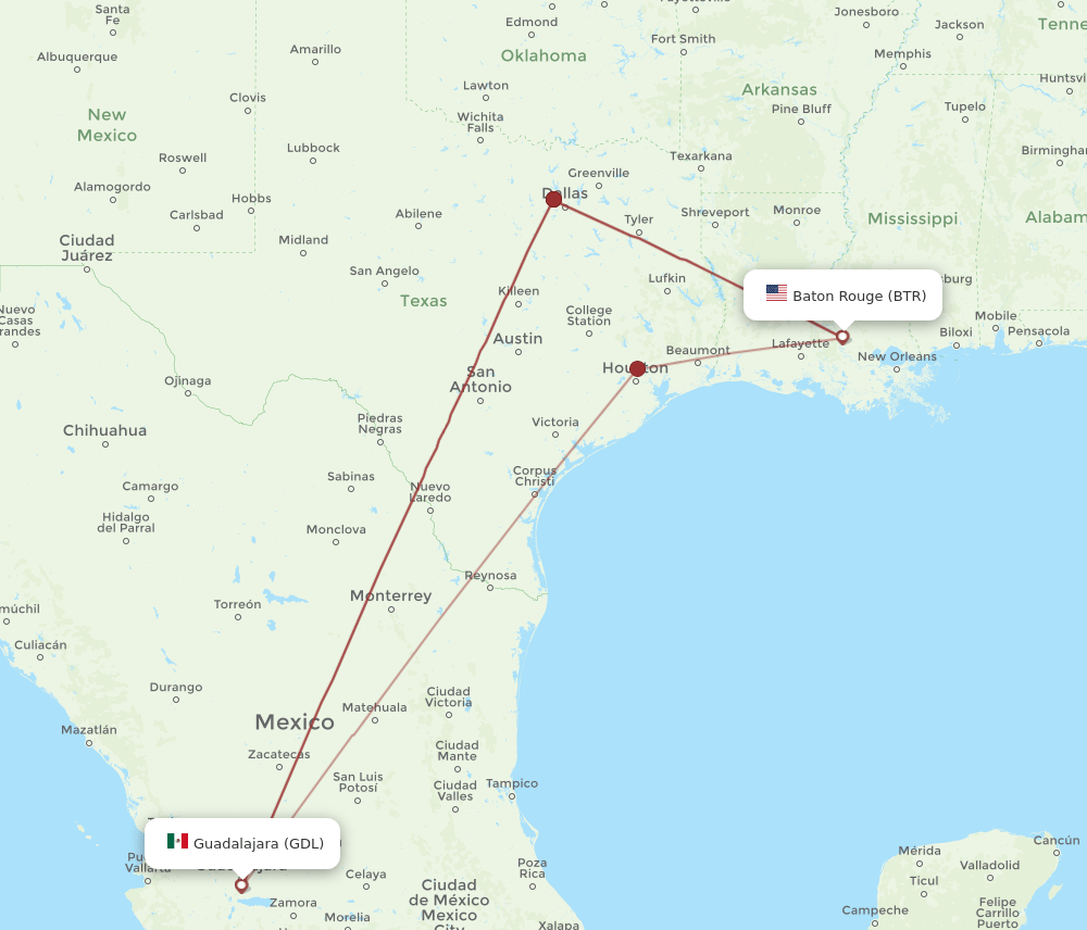 BTR-GDL flight routes