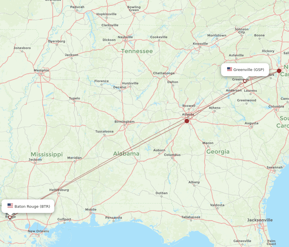 BTR to GSP flights and routes map