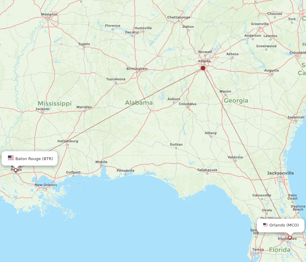 BTR to MCO flights and routes map